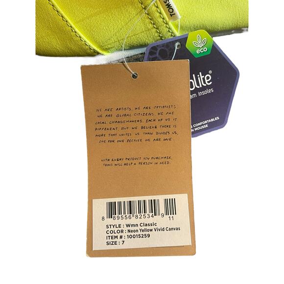 NWT Women's Toms Neon Yellow Slip On Canvas Shoes Size 7 - Picture 4 of 12